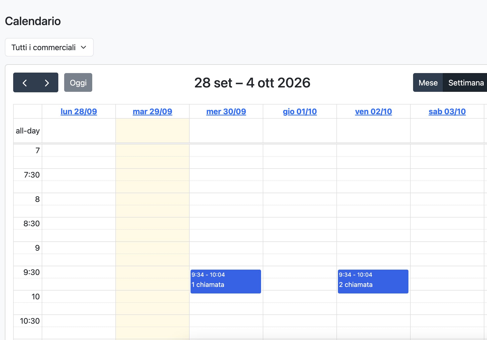 Vista calendario di AziendeCRM con eventi e attività