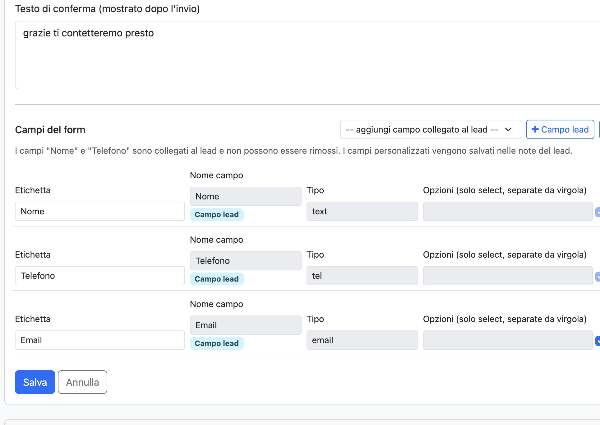 Editor per la creazione di moduli di contatto (form generator)