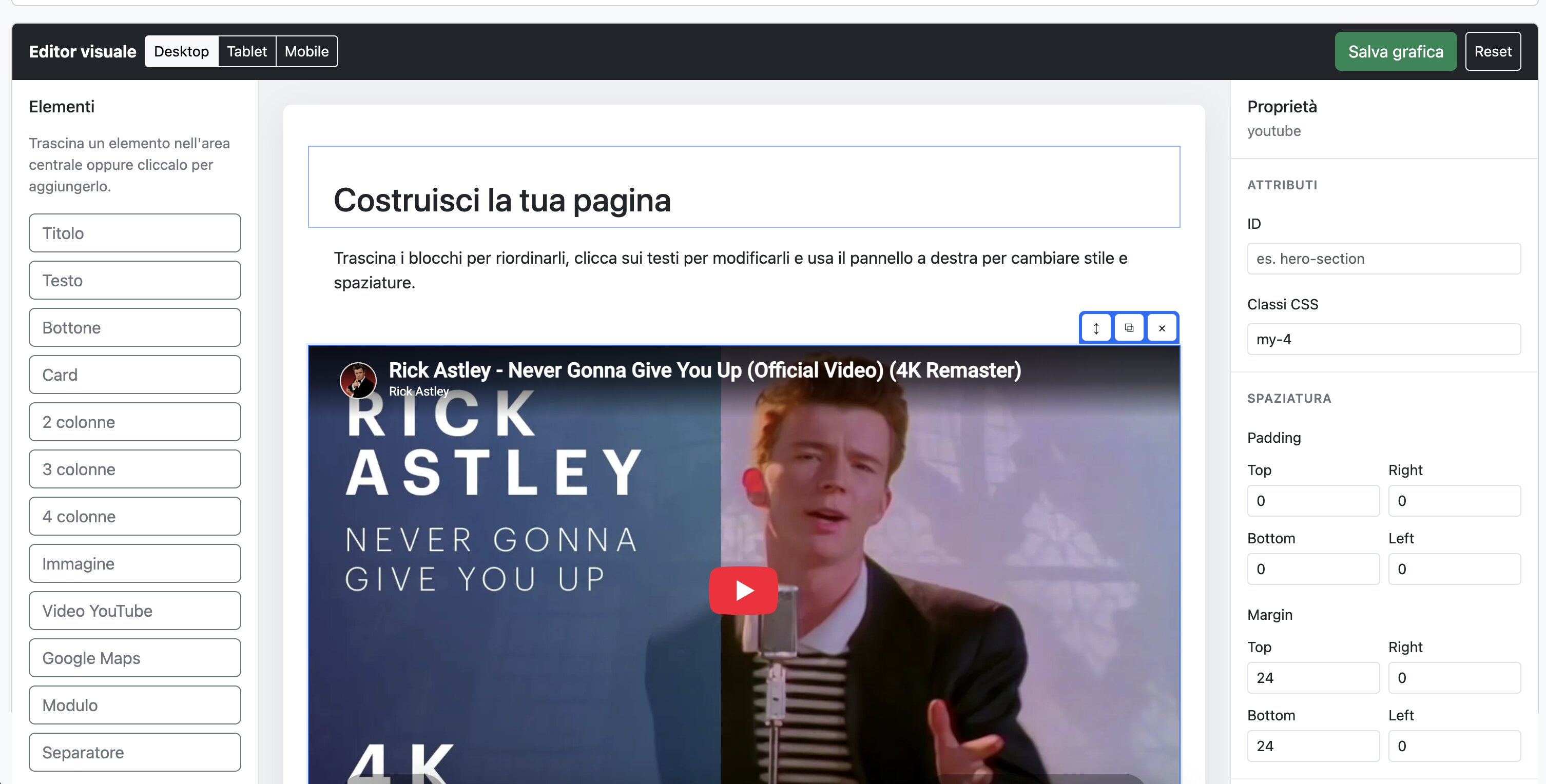 Editor visuale drag and drop per la creazione di landing page